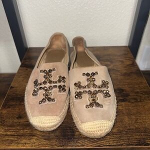 Tory Burch Ines Embellished Suede Espadrilles Tan Crystal Logo Flats Size 6.5